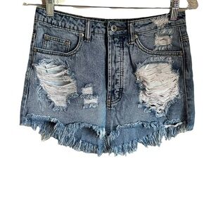 Signature Eight Distressed Ultra Mini Denim Skirt